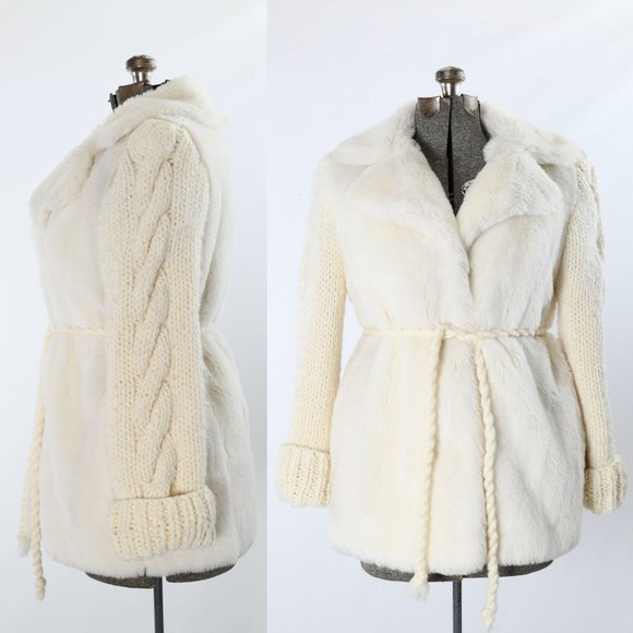 Vintage 1970s Cream Gray Faux Fur Chunky Knit Short Coat | Medium - Large - Picture 1 of 10